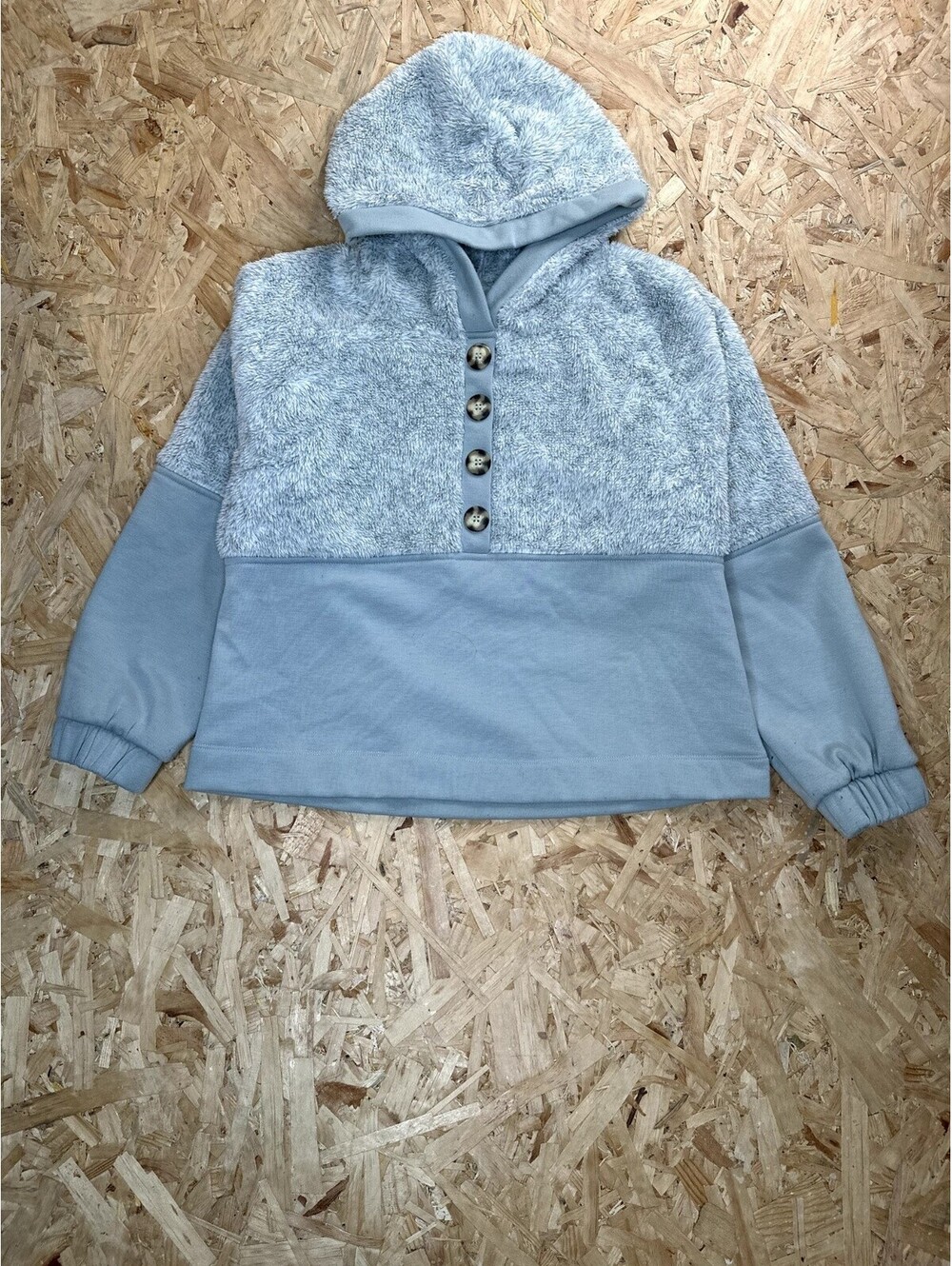 Tru Self Womens Blue Fuzzy Sherpa Fleece Pullover Hoodie Sweatshirt Size